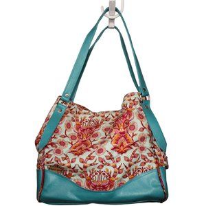 Karried Astray Teal Green Faux Leather Floral Fabric Satchel Shoulder Purse